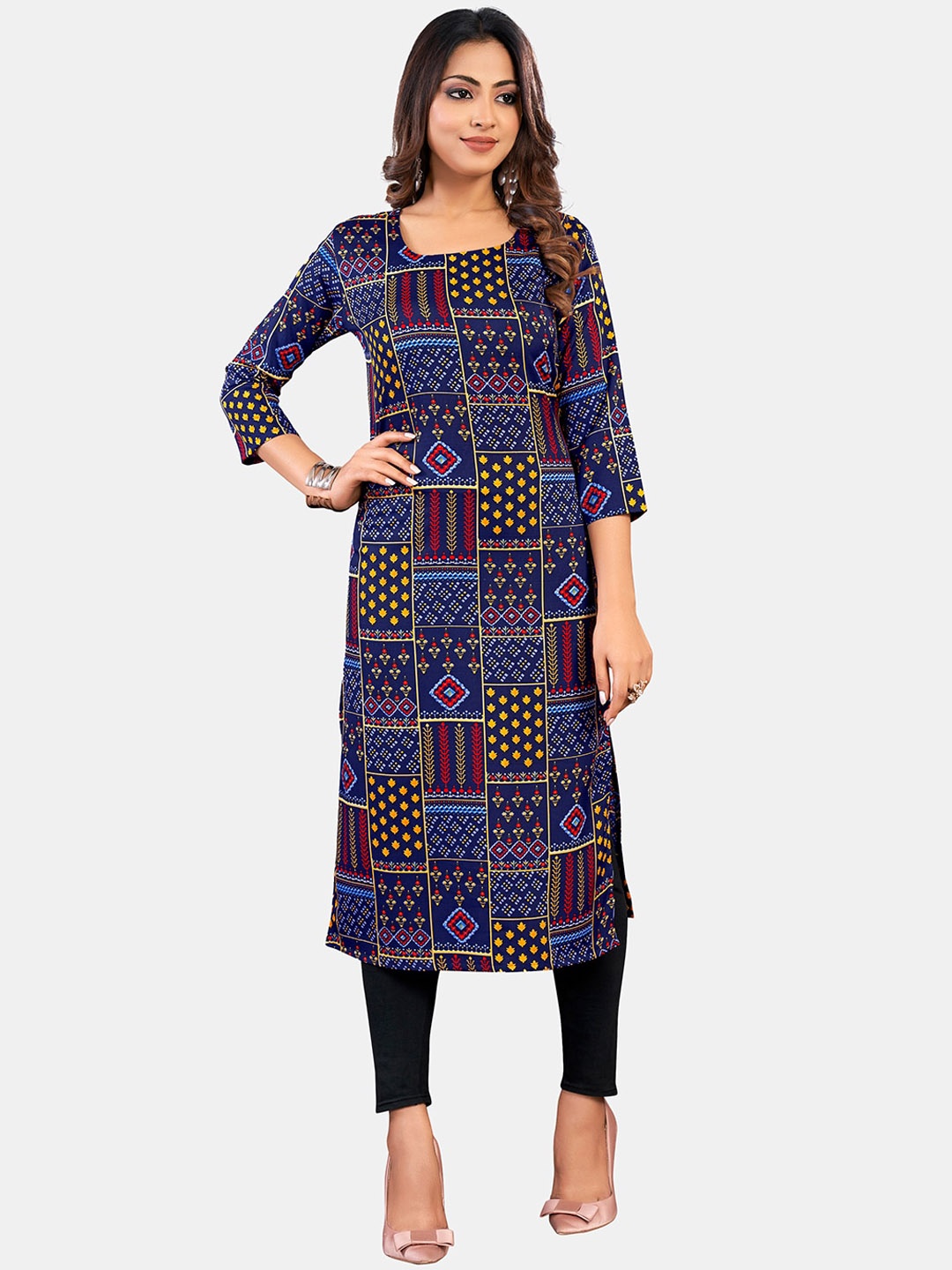 

GRANTH FASHION Geometric Printed Round Neck Straight Kurta, Navy blue
