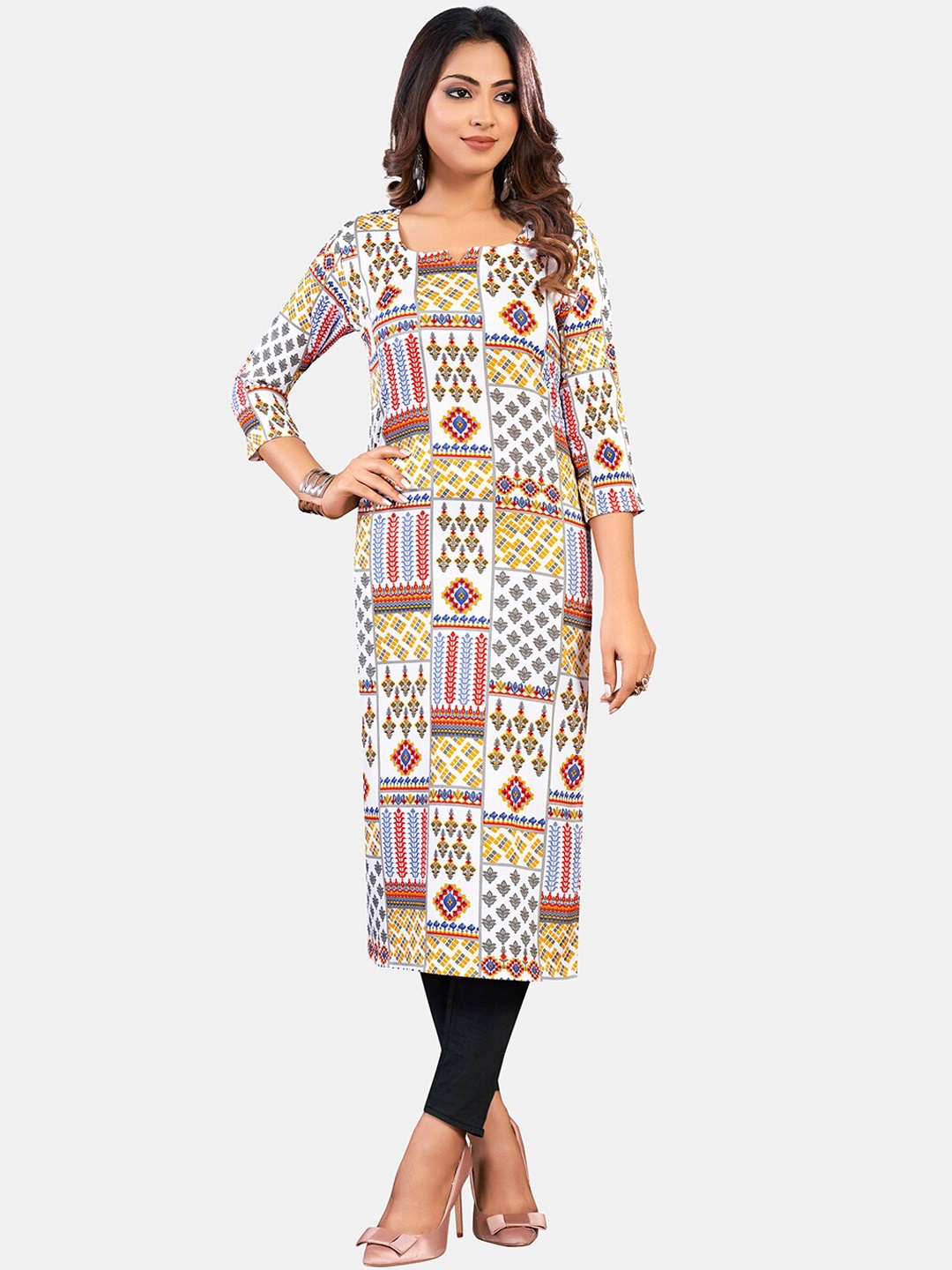 

GRANTH FASHION Geometric Printed Notched Neck Straight Kurta, White