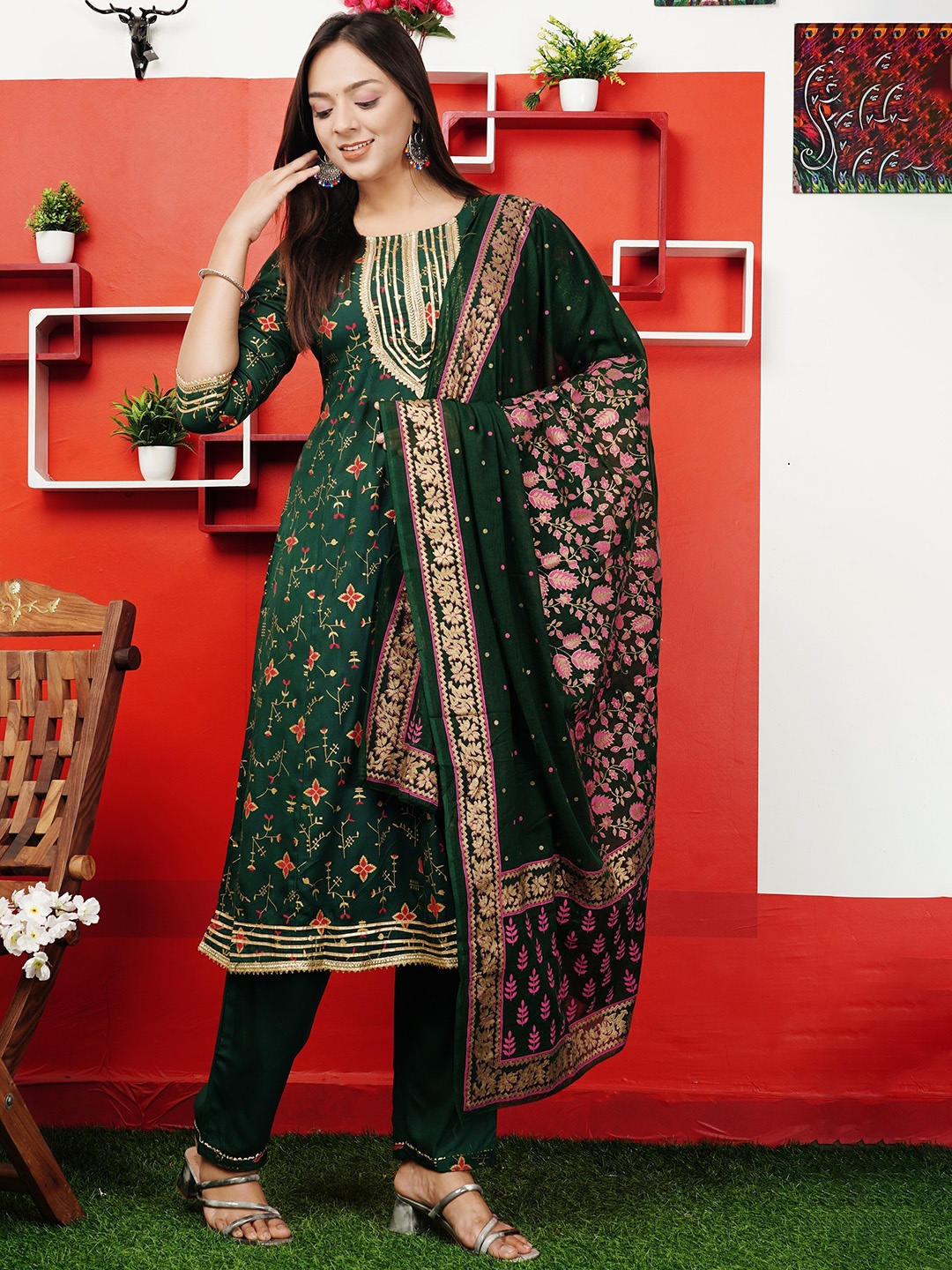 

SK2 Fashion Printed Gotta Patti Panelled Anarkali Kurta With Trousers & Dupatta, Green
