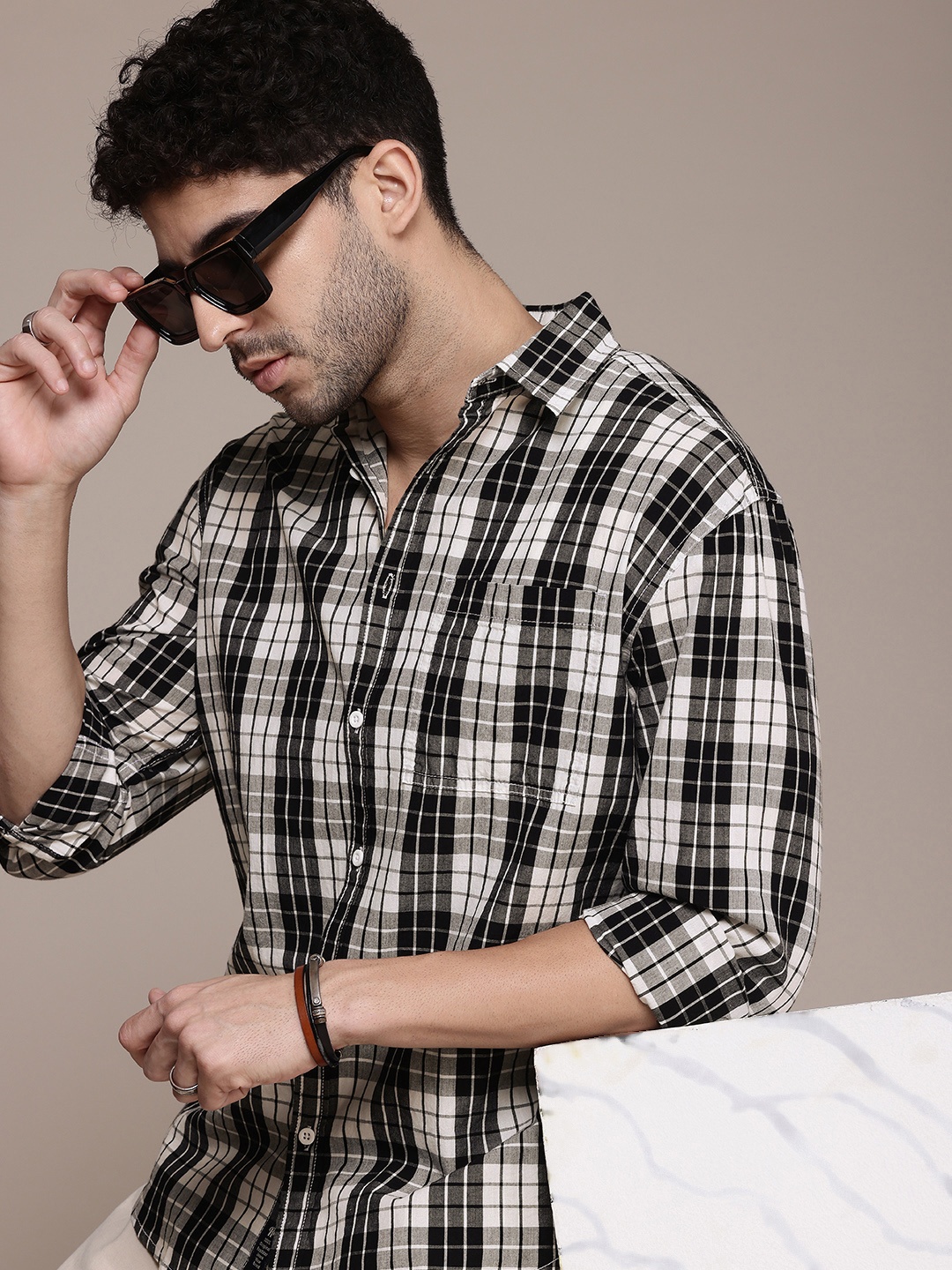 

The Roadster Life Co. Pure Cotton Opaque Checked Relaxed Fit Casual Shirt, Black