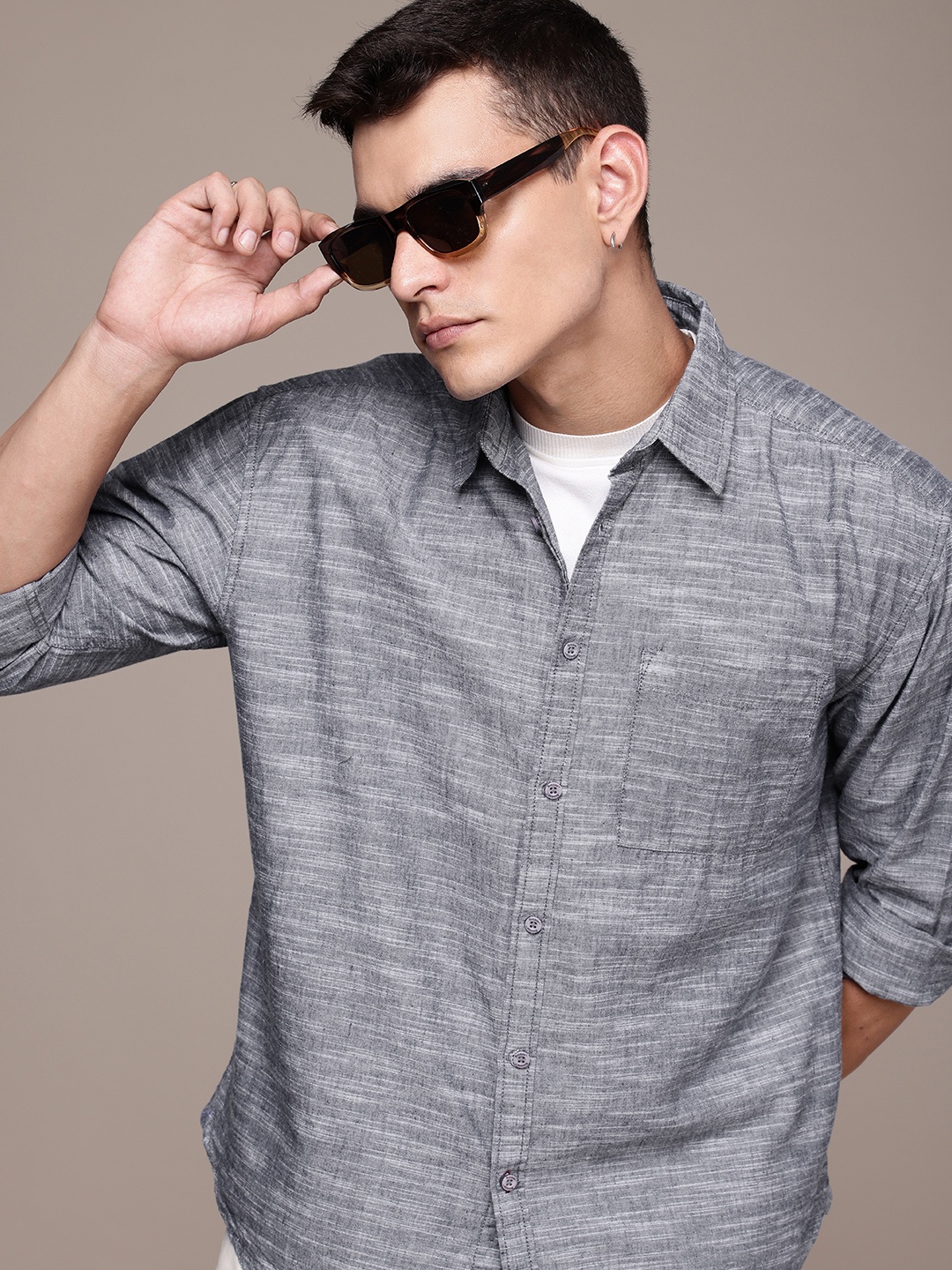 

The Roadster Life Co. Relaxed Fit Opaque Pure Cotton Casual Shirt, Grey melange