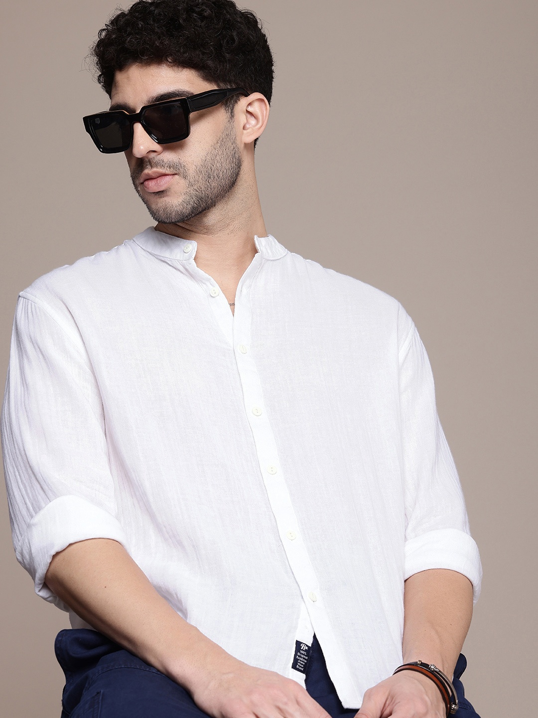 

The Roadster Life Co. Relaxed Fit Band Collar Pure Cotton Casual Shirt, White