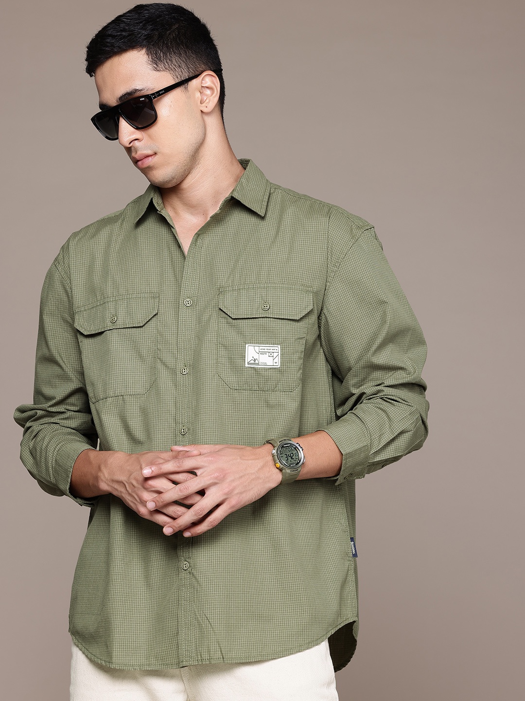 

The Roadster Lifestyle Co. Pure Cotton Relaxed Checked Casual Shirt, Olive