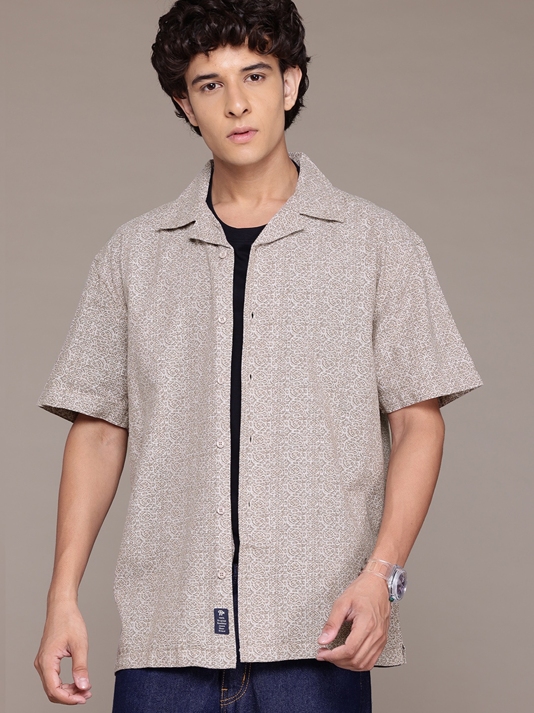 

The Roadster Lifestyle Co. Pure Cotton Ethnic Print Casual Shirt, Beige