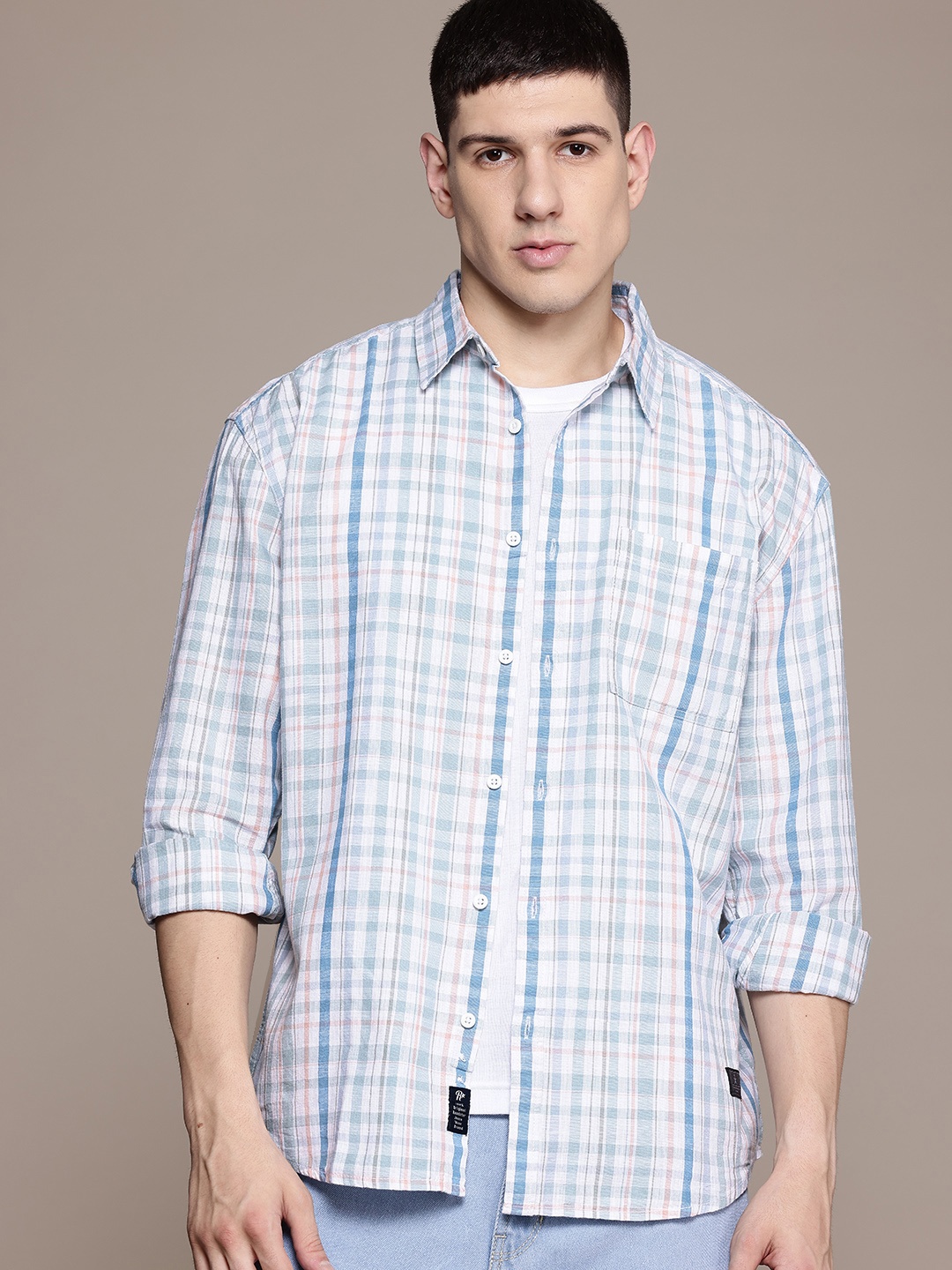 

The Roadster Lifestyle Co. Checked Cotton Relaxed Shirt, White