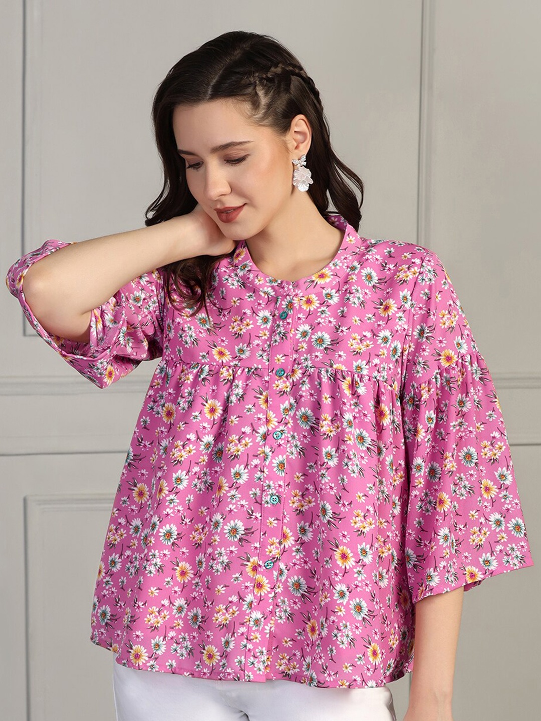 

FASHION DREAM Floral Print Bell Sleeve Empire Top, Pink
