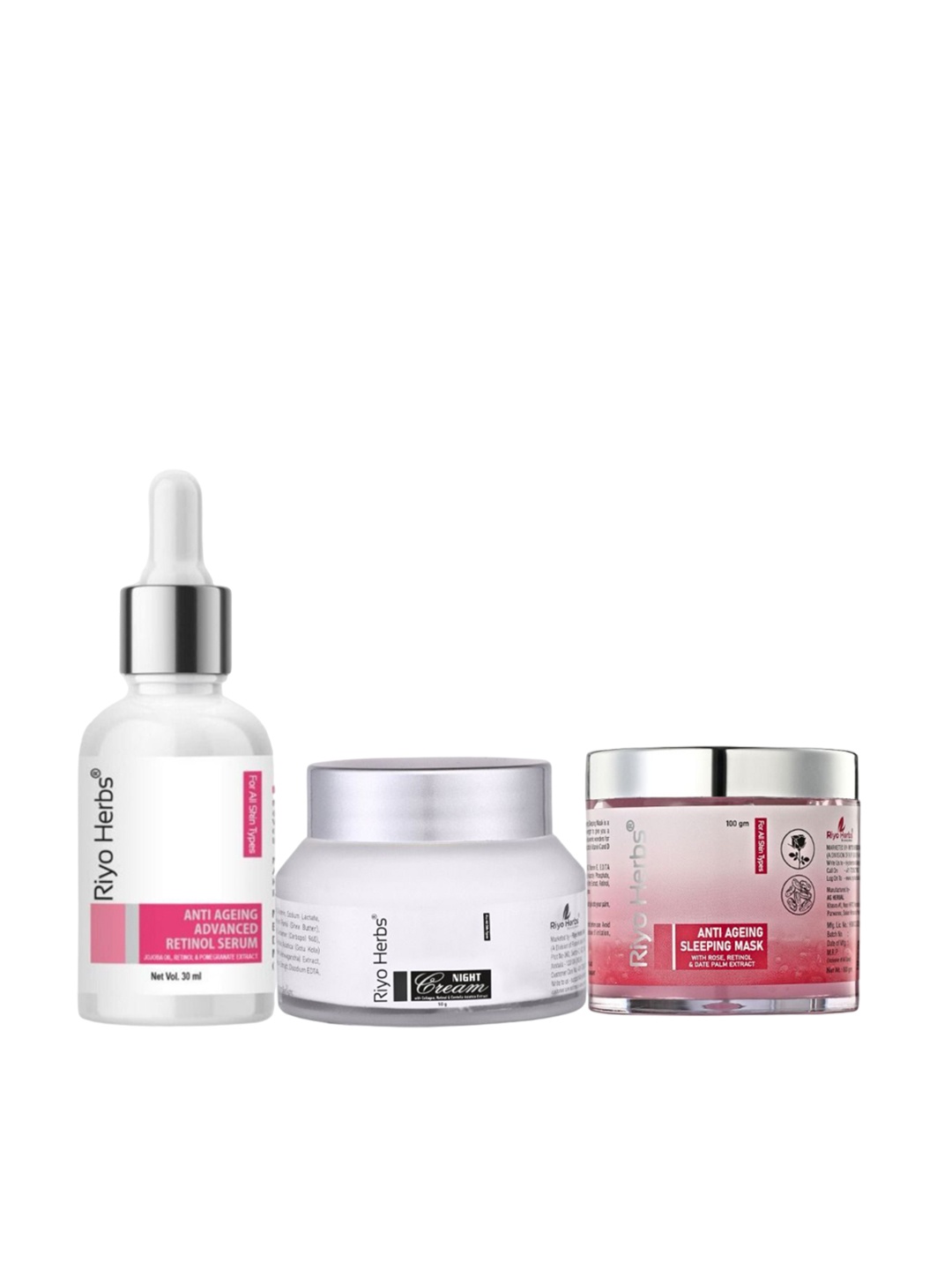 

Riyo Herbs 3-Pcs Skin Care Combo - 100 gm - 30 ml - 50 gm, Transparent