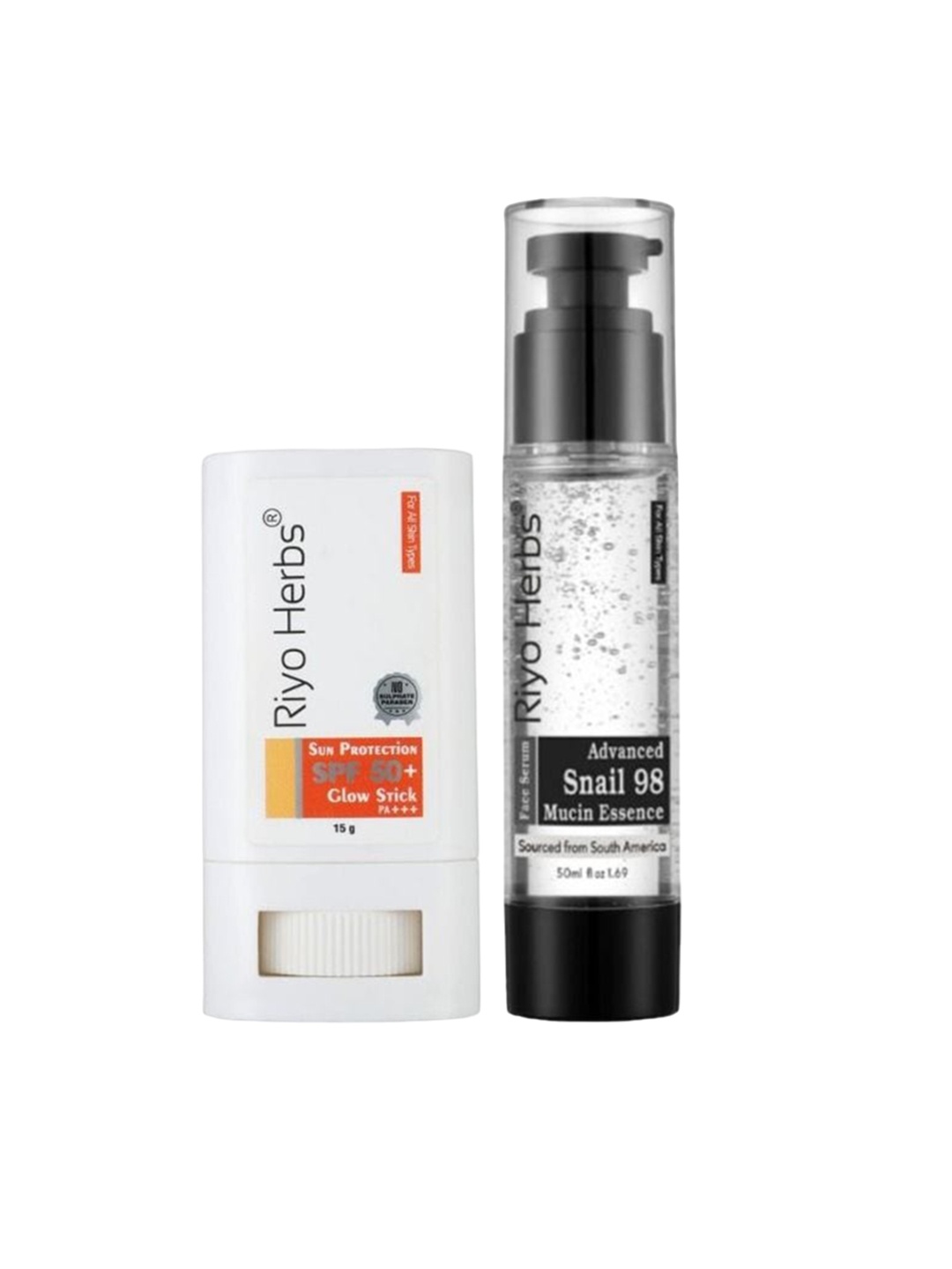 

Riyo Herbs Snail Mucin Essence 50ml & Sun Protection SPF 50 Glow Stick - 15g, Transparent