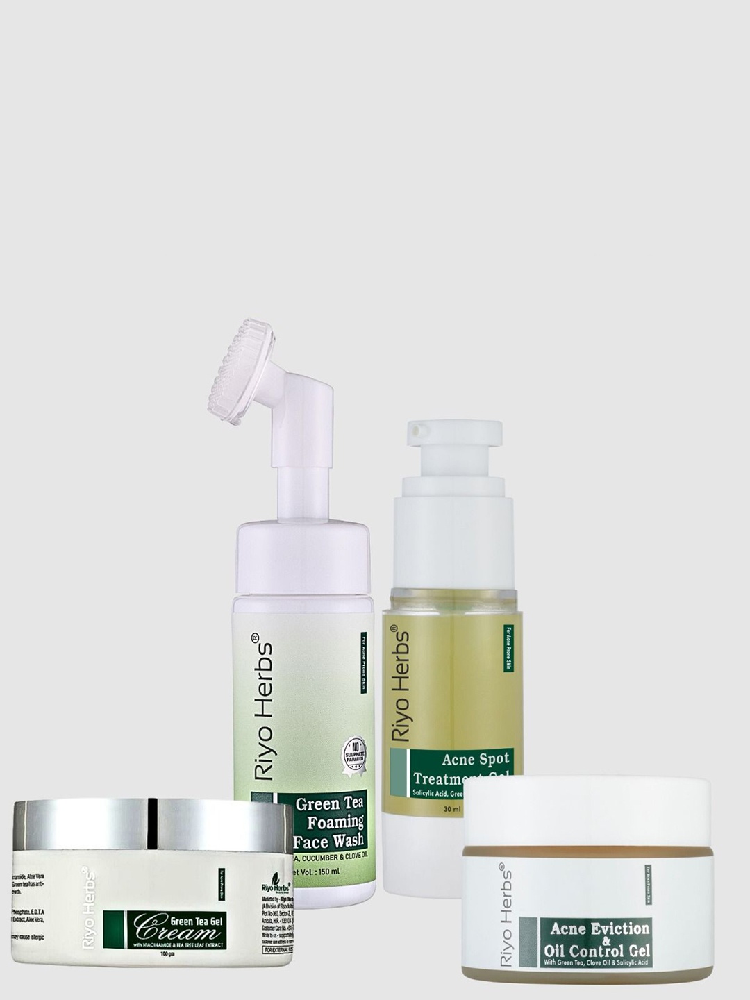 

Riyo Herbs Green Tea Face Wash, Green Tea Gel Cream, Oil Control Gel & Acne Spot Gel, Transparent