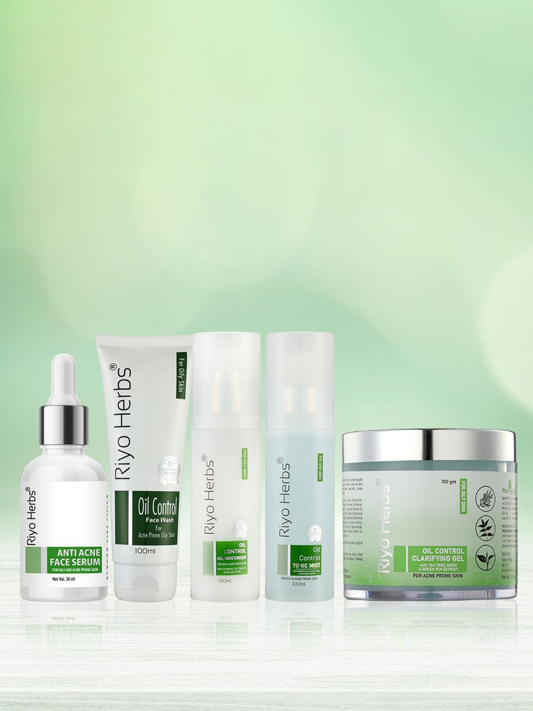 

Riyo Herbs Oil Control Face Wash, Serum, Tonic Mist, Gel Moisturizer & Clarifying Gel, Transparent