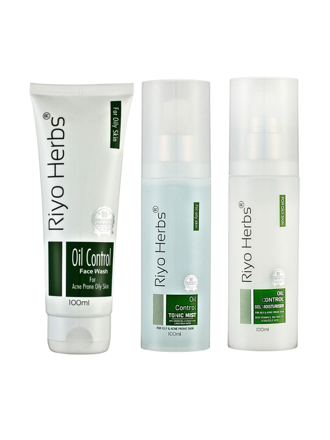 

Riyo Herbs Oil Control Face Wash, Tonic Mist & Gel Moisturizer - 100ml Each, Transparent
