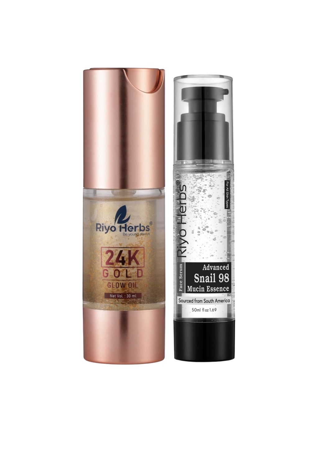 

Riyo Herbs Advanced Snail Mucin 98 Essence Serum 50ml & 24k Gold Glow Face Oil 30ml, Transparent