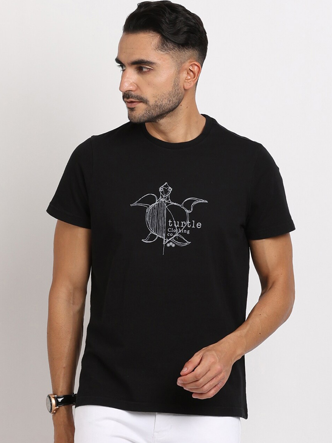 

Turtle Graphic Printed Round Neck Short Sleeves Slim Fit T-shirt, Black