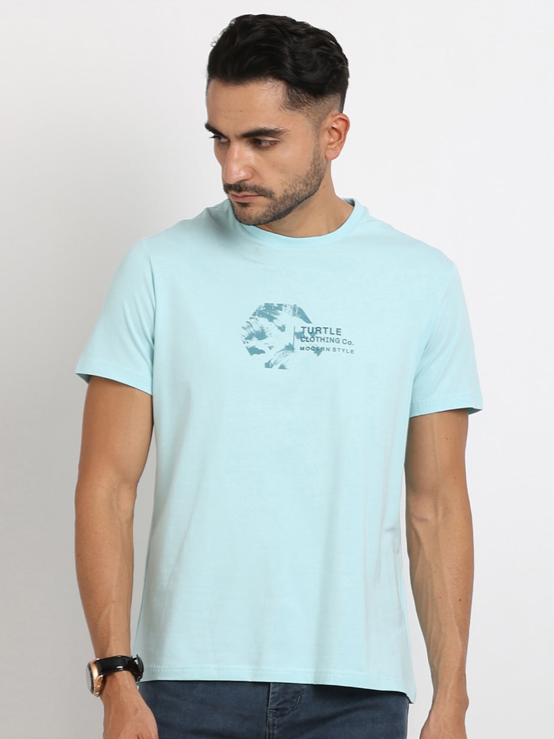 

Turtle Typography Printed Round Neck Short Sleeves Slim Fit T-shirt, Blue