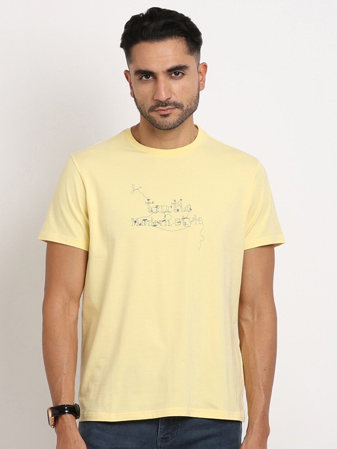 

Turtle Typography Printed Round Neck Short Sleeves Slim Fit T-shirt, Yellow