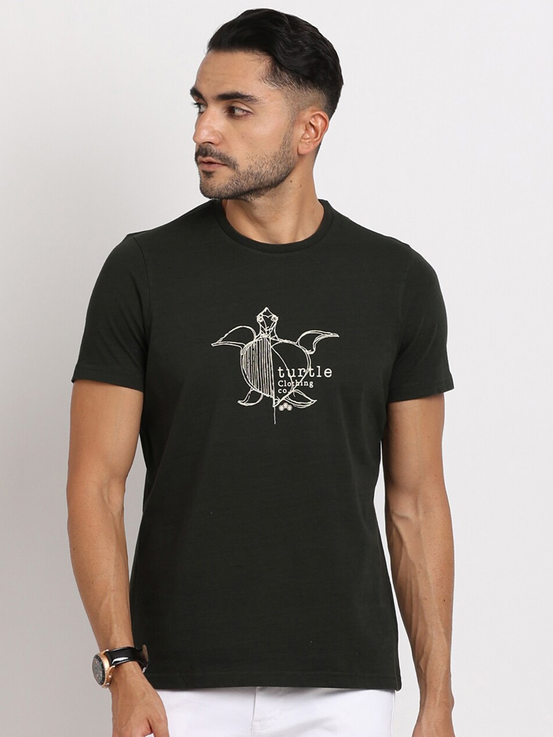 Turtle Men Typography Round Neck Slim Fit T-shirt, Olive