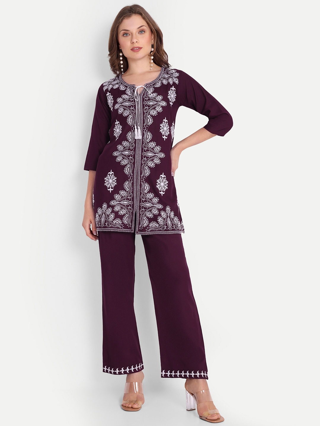 

FNOCKS Embroidered Cotton Tunic & Trouser Co-Ords, Lavender