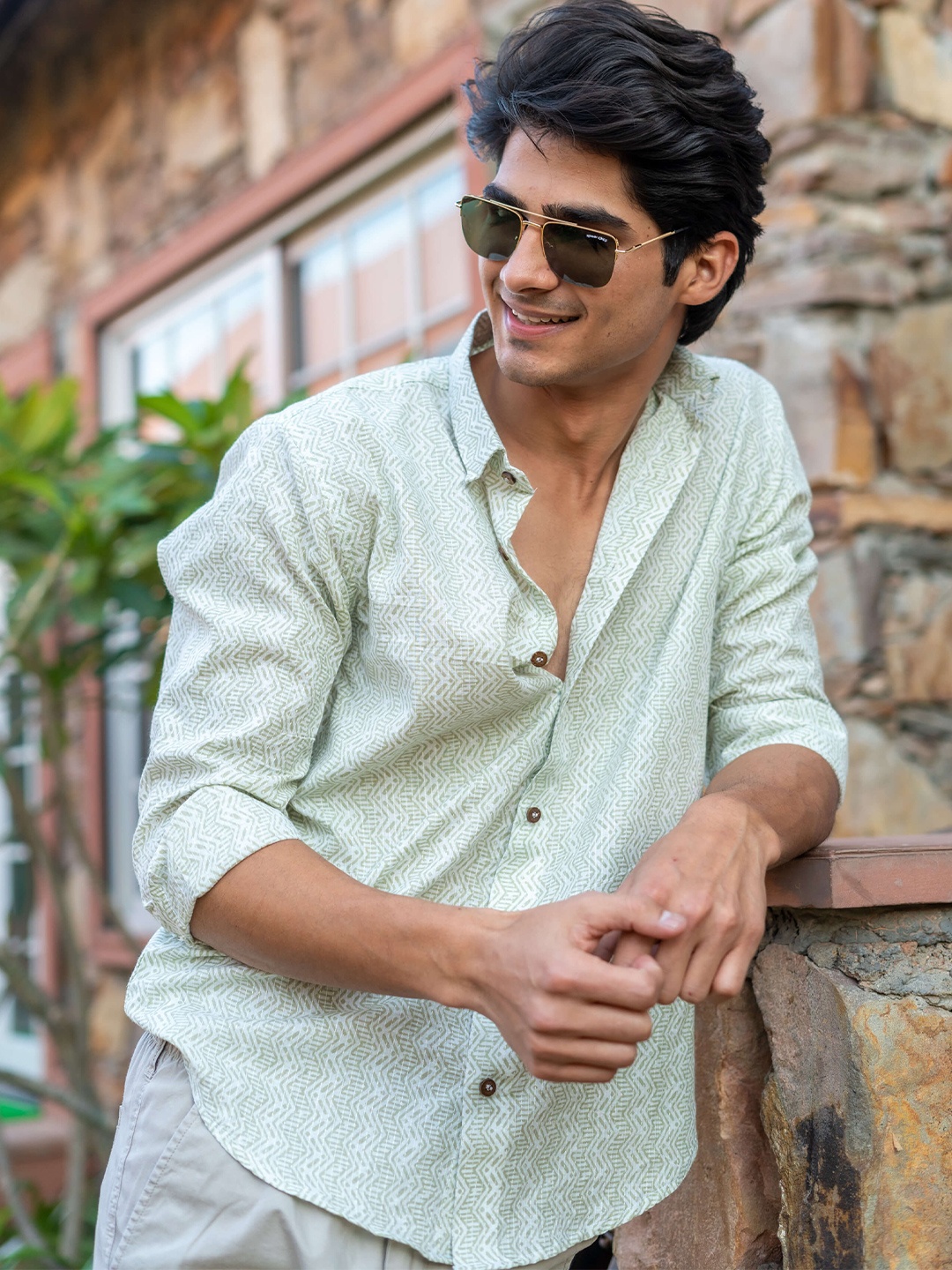 

Shasak Classic Fit Geometric Printed Spread Collar Cotton Casual Shirt, White