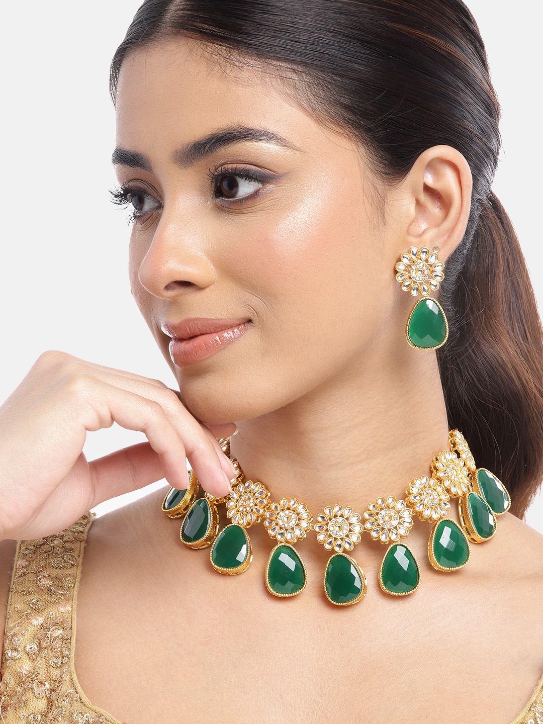 

Anouk Gold-Plated Kundan-Studded Jewellery Set, Green