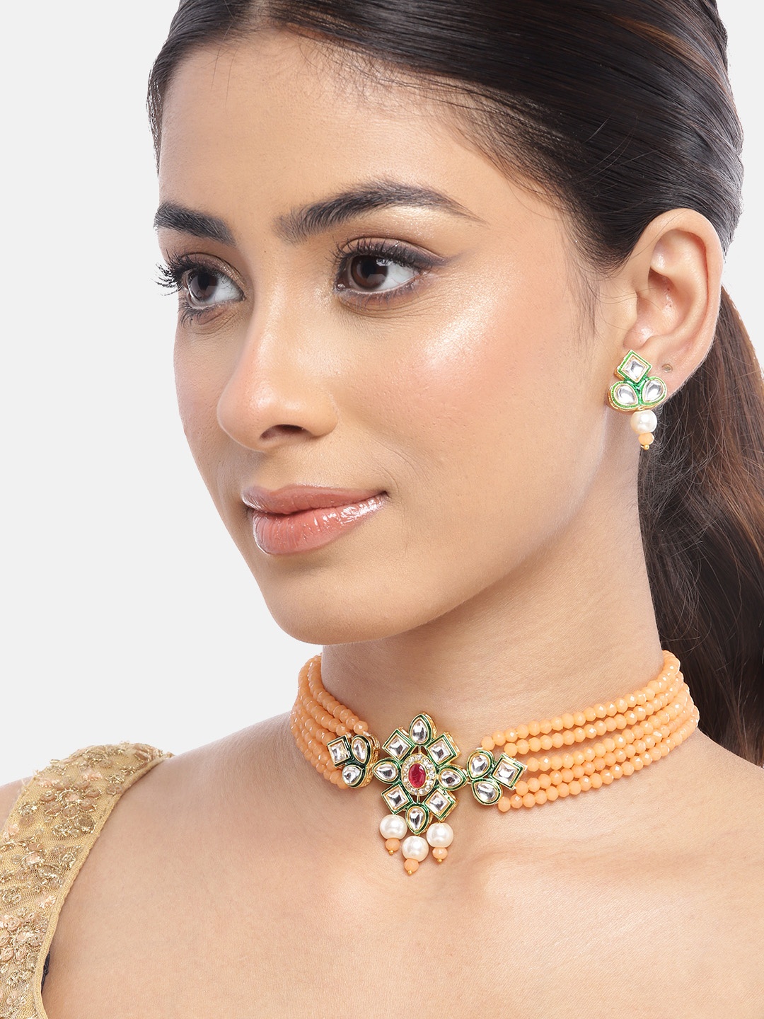 

Anouk Gold-Plated Kundan-Studded Jewellery Set, Peach