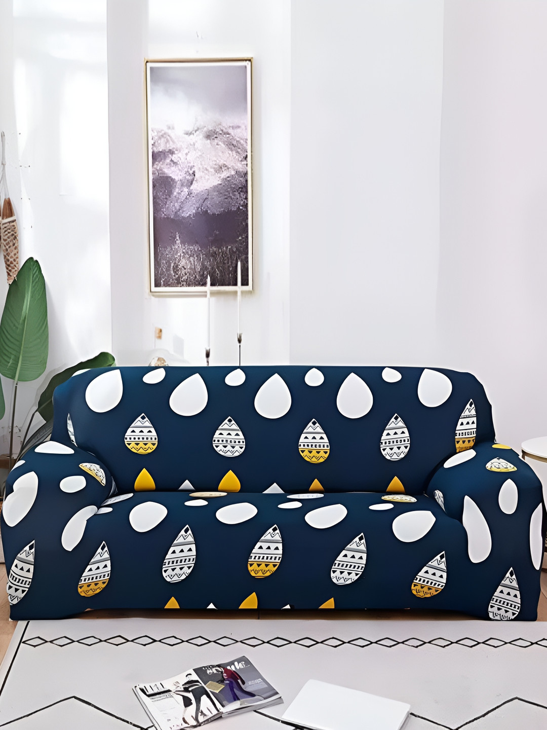 

B BESTILO Blue & White Printed Polyester 1 Piece Sofa Cover With Arms