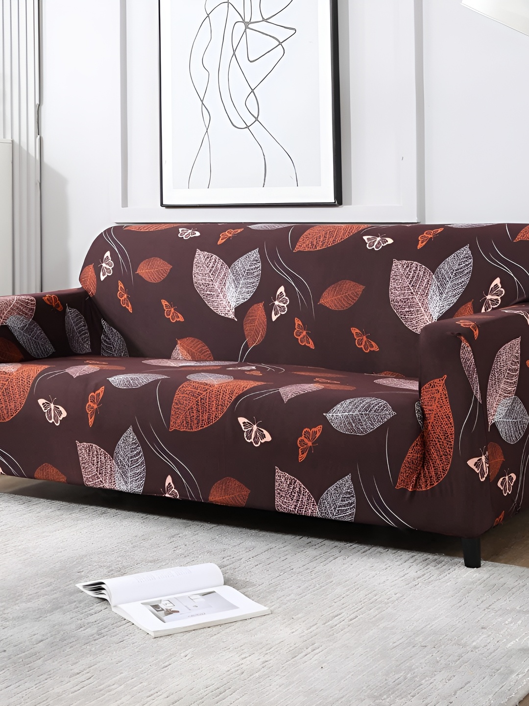 

B BESTILO Brown & White Printed 3 Seater Sofa Cover With Arms