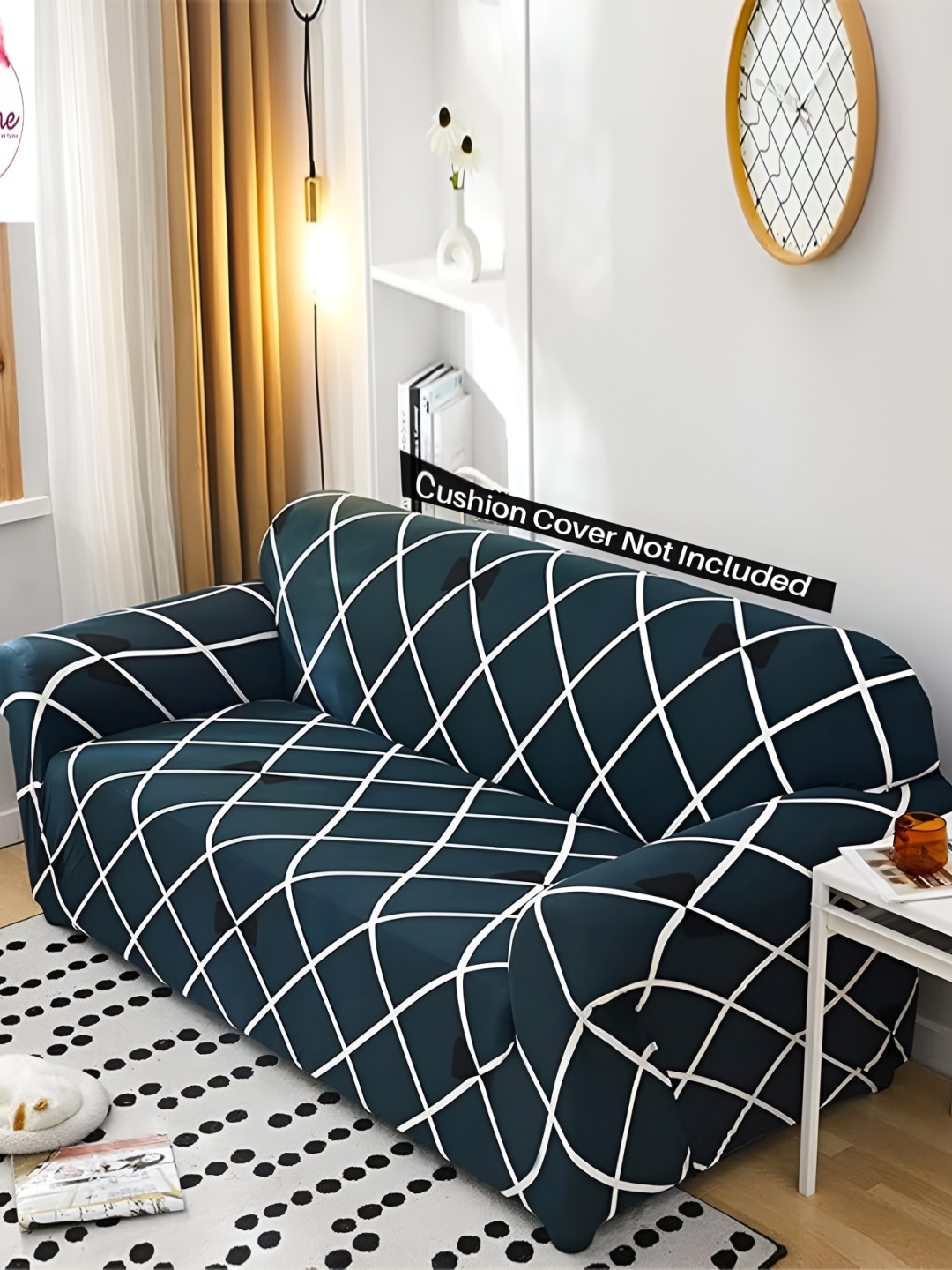 

B BESTILO Blue & White Printed Polyester 1 Piece Sofa Cover With Arms