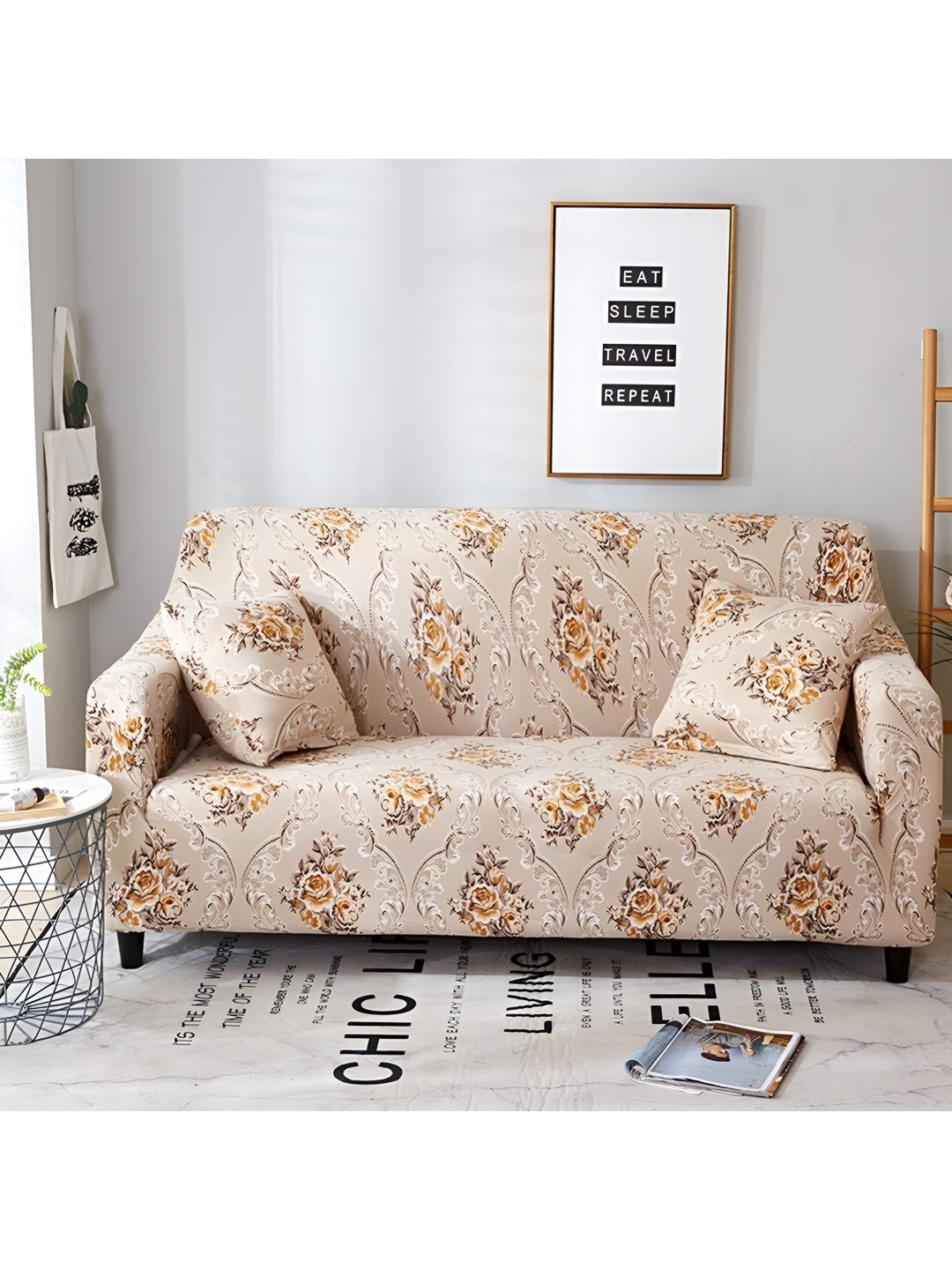 

B BESTILO Beige & Brown Printed 3 Seater Sofa Cover With Arms