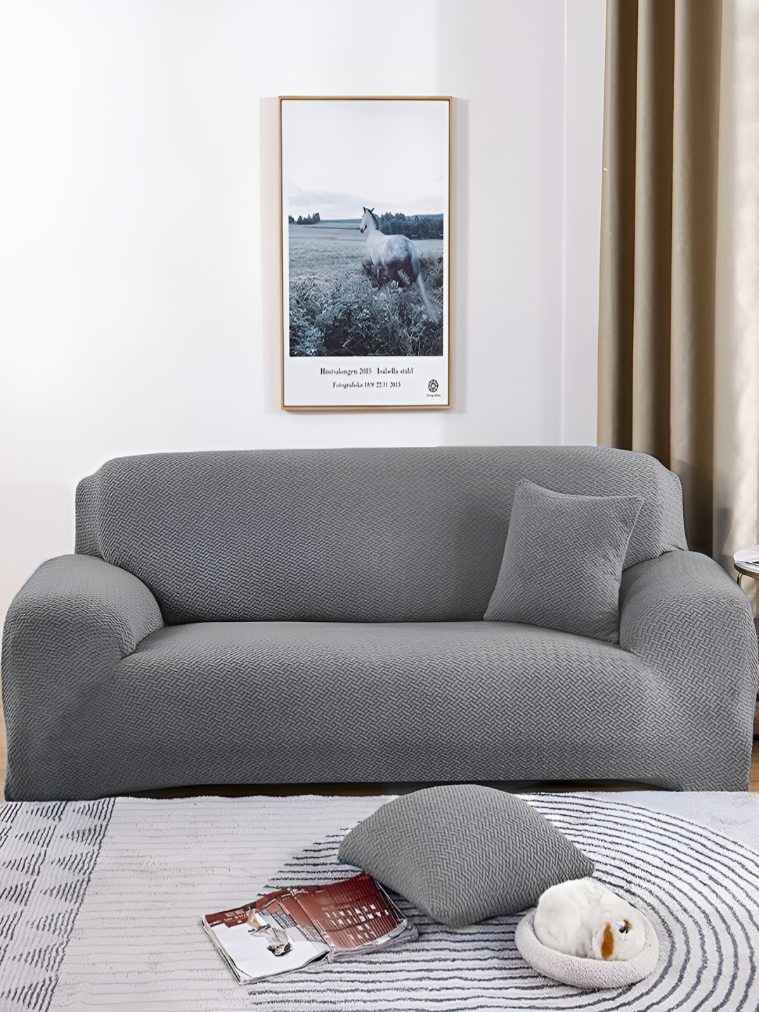 

B BESTILO Grey 3-Seater Sofa Cover With Arms