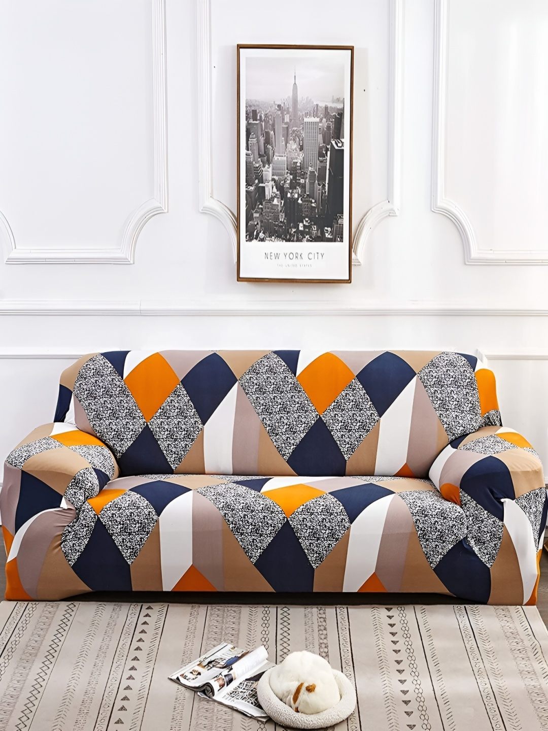 

B BESTILO Blue & White Printed Polyester 1 Piece Sofa Cover With Arms