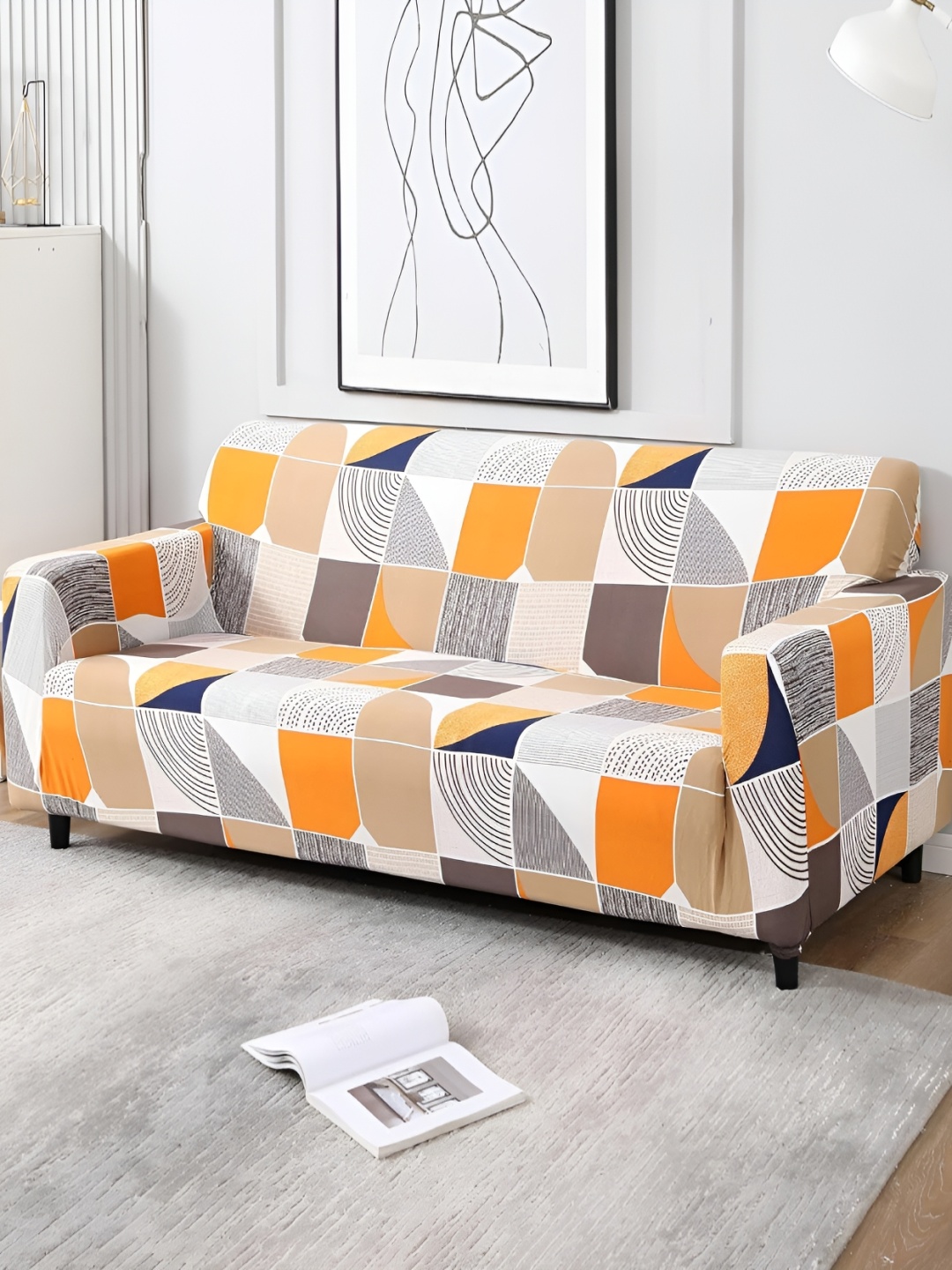 

B BESTILO White & Orange Printed 3-Seater Sofa Cover With Arms