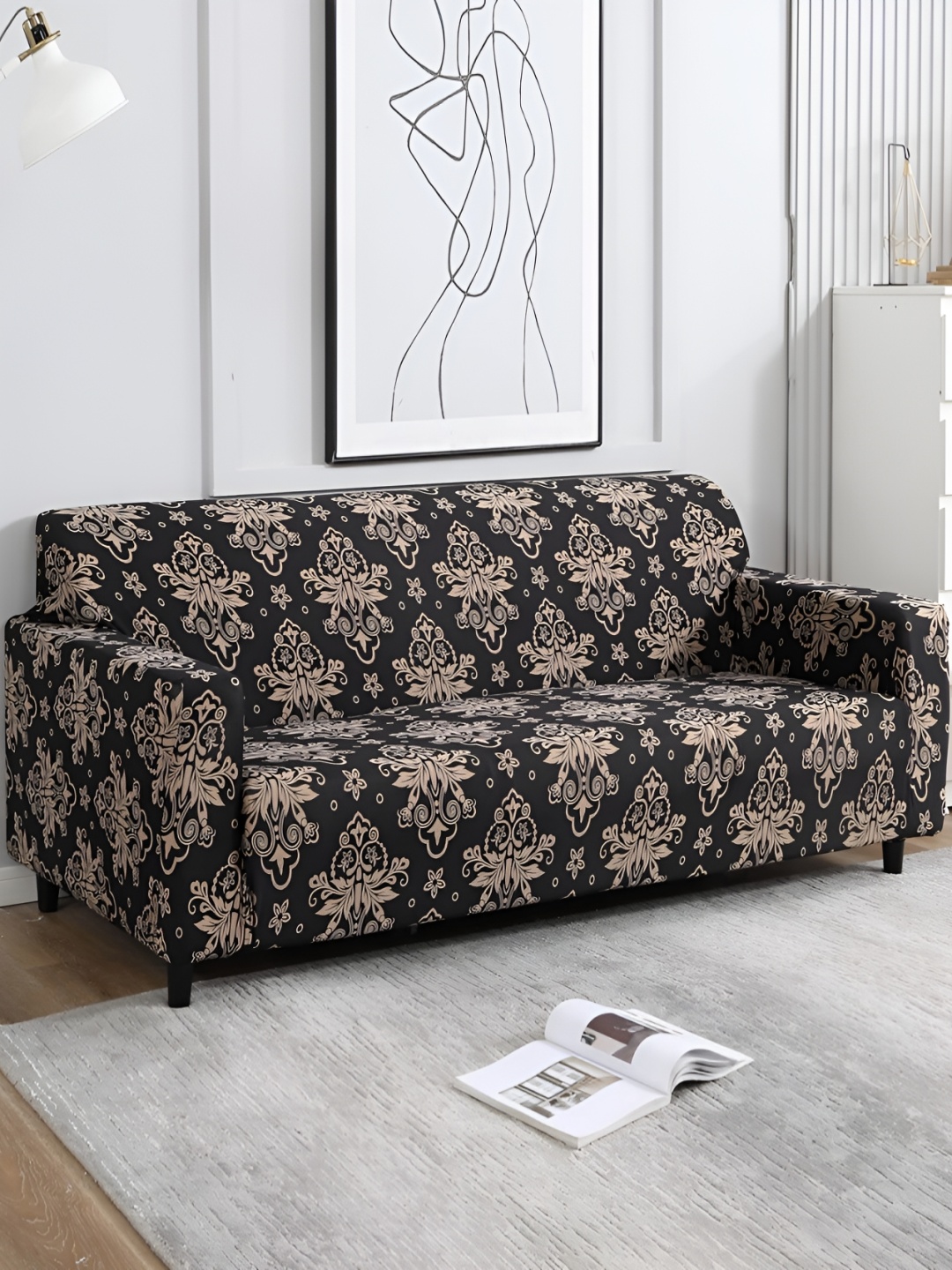 

B BESTILO Black & Beige Printed 3 Seater Sofa Cover With Arms