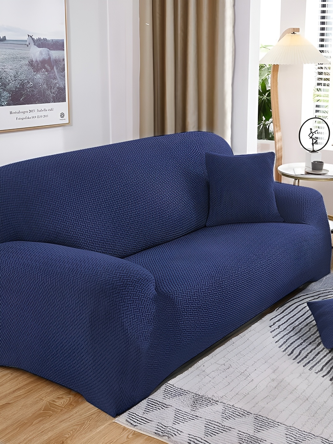 

B BESTILO Navy Blue Solid Polyester 1 Piece Sofa Cover With Arms