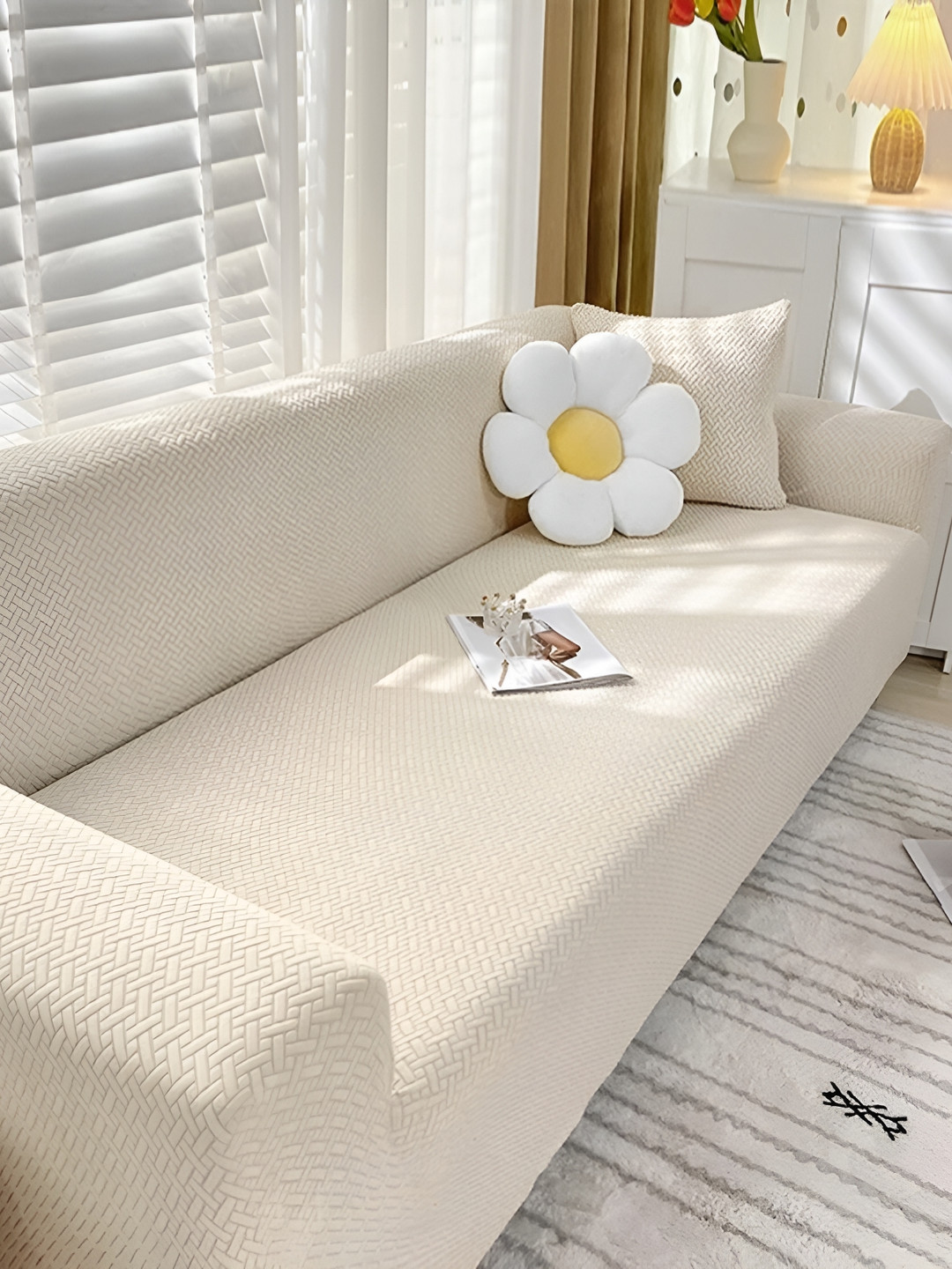

B BESTILO Cream-Coloured 3 Seater Sofa Cover With Arms