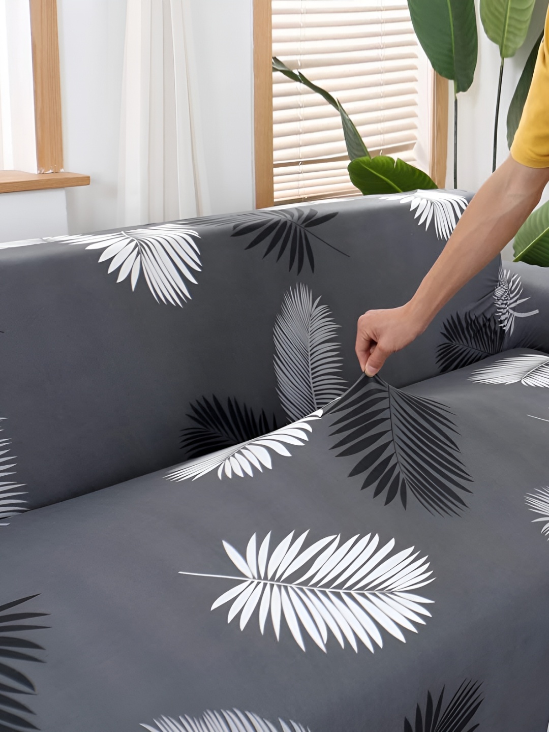 

B BESTILO Grey & White Printed Polyester 1 Piece Sofa Cover With Arms