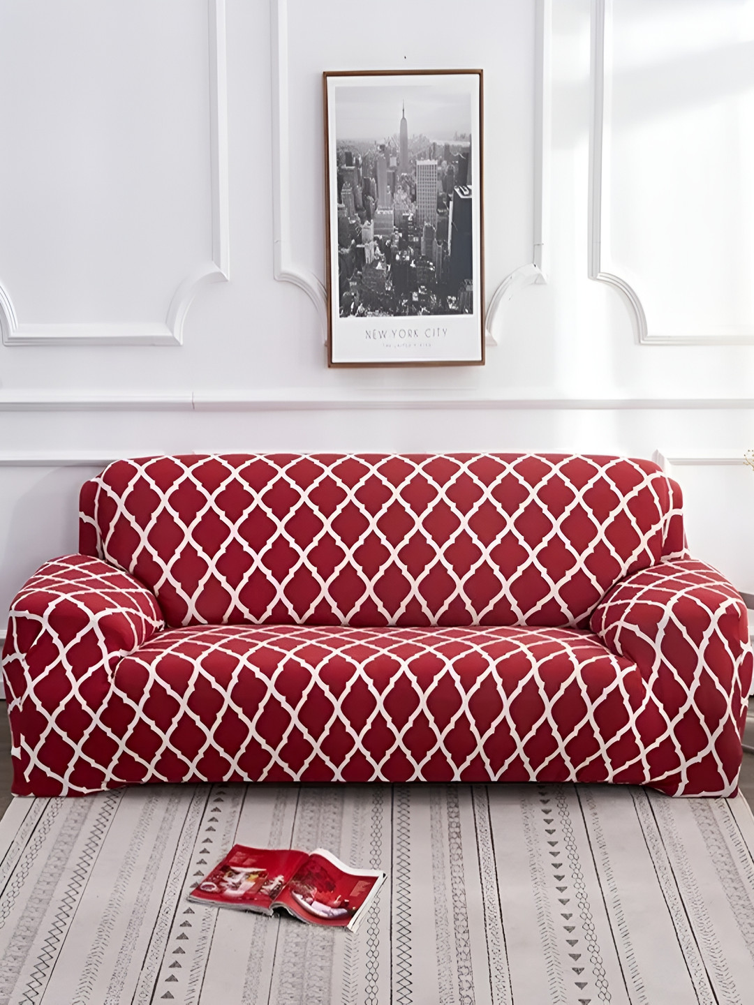 

B BESTILO Burgundy & White Printed 3-Seater Sofa Cover With Arms