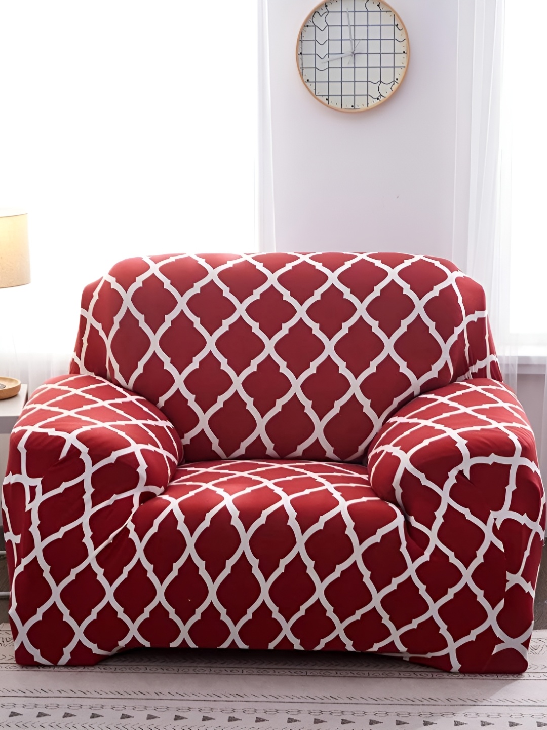 

B BESTILO Burgundy & White Printed Sofa Cover With Arms