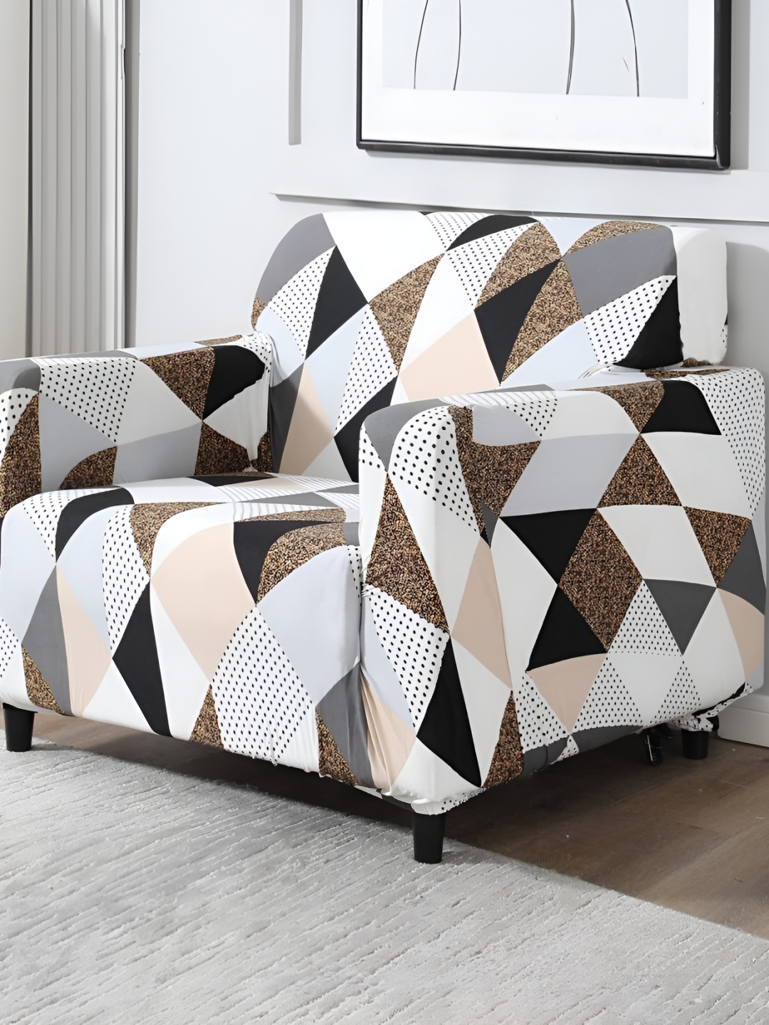 

B BESTILO White & Grey Printed Sofa Cover With Arms