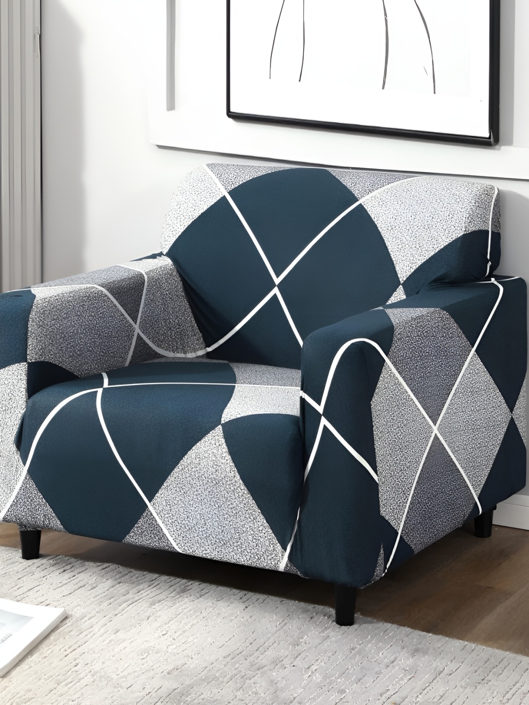 

B BESTILO Blue & White Printed 1 Seater Sofa Cover With Arms