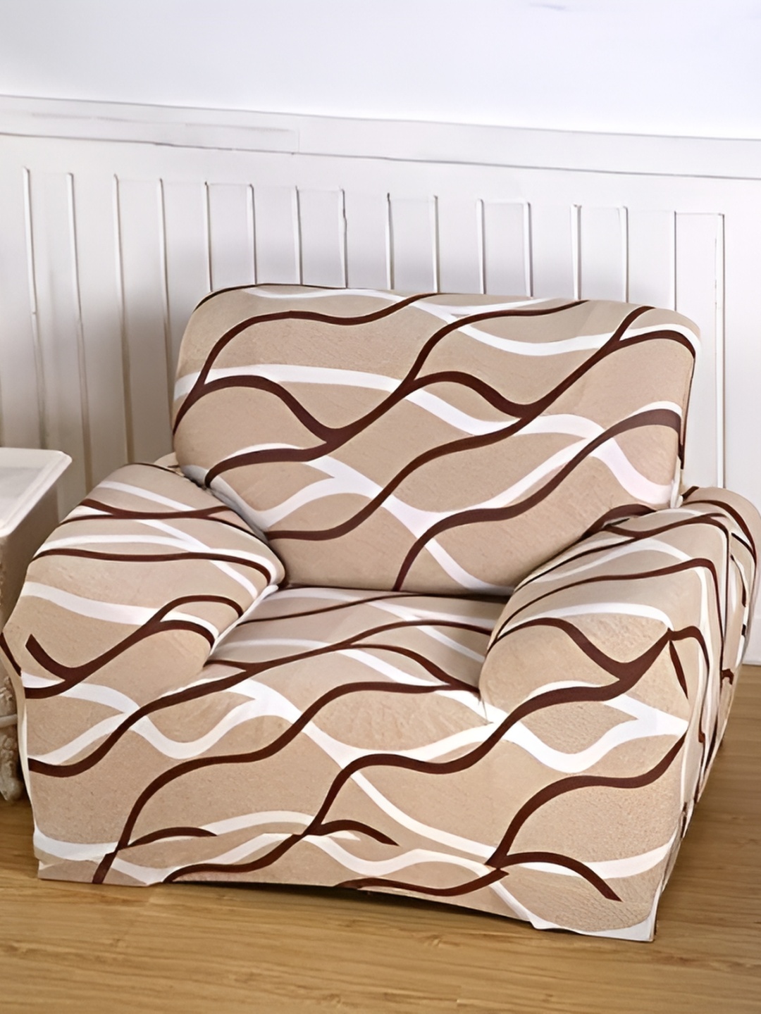 

B BESTILO Beige & White Printed Sofa Cover With Arms