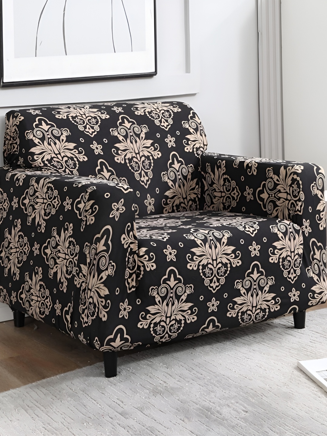

B BESTILO Black & Beige Printed Sofa Cover With Arms
