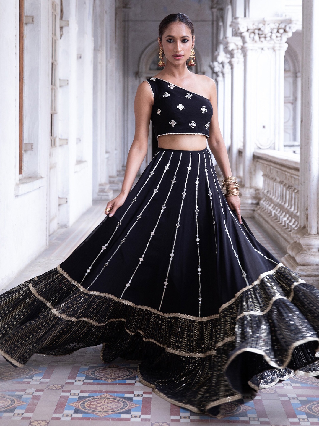 

Renee Label Embroidered Mirror Work Ready to Wear Lehenga & Blouse With Dupatta, Black