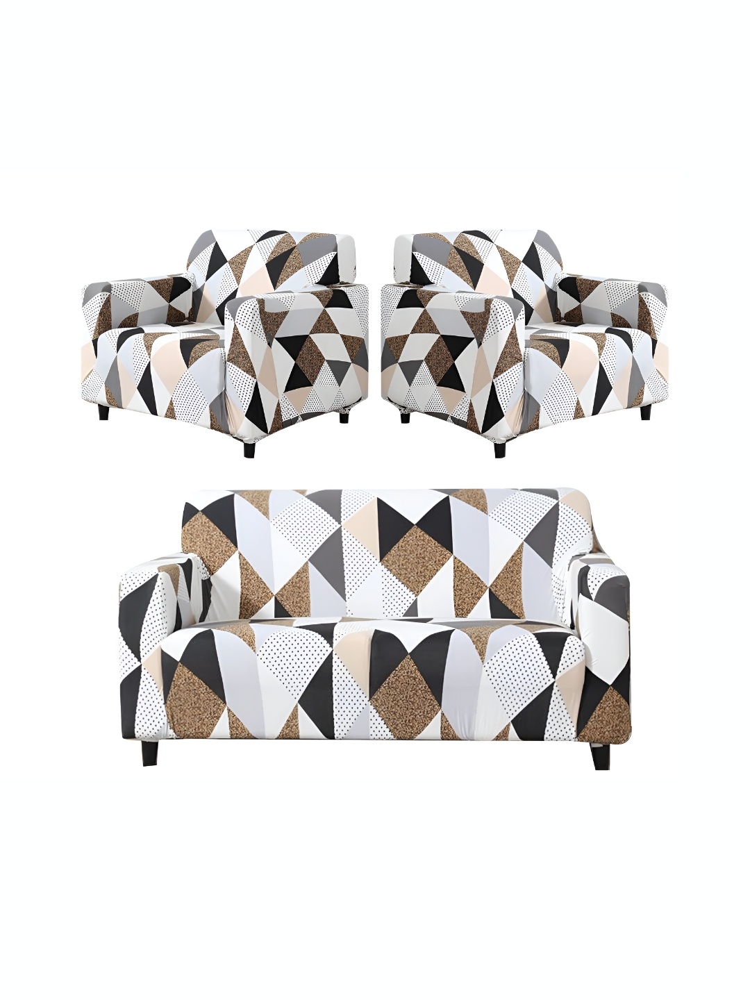 

B BESTILO White & Grey 3 Pieces Printed 5-Seater Sofa Cover With Arms