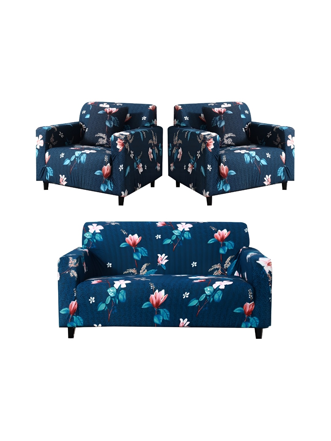 

B BESTILO Blue 3 Pieces Printed 5-Seater Sofa Cover With Arms