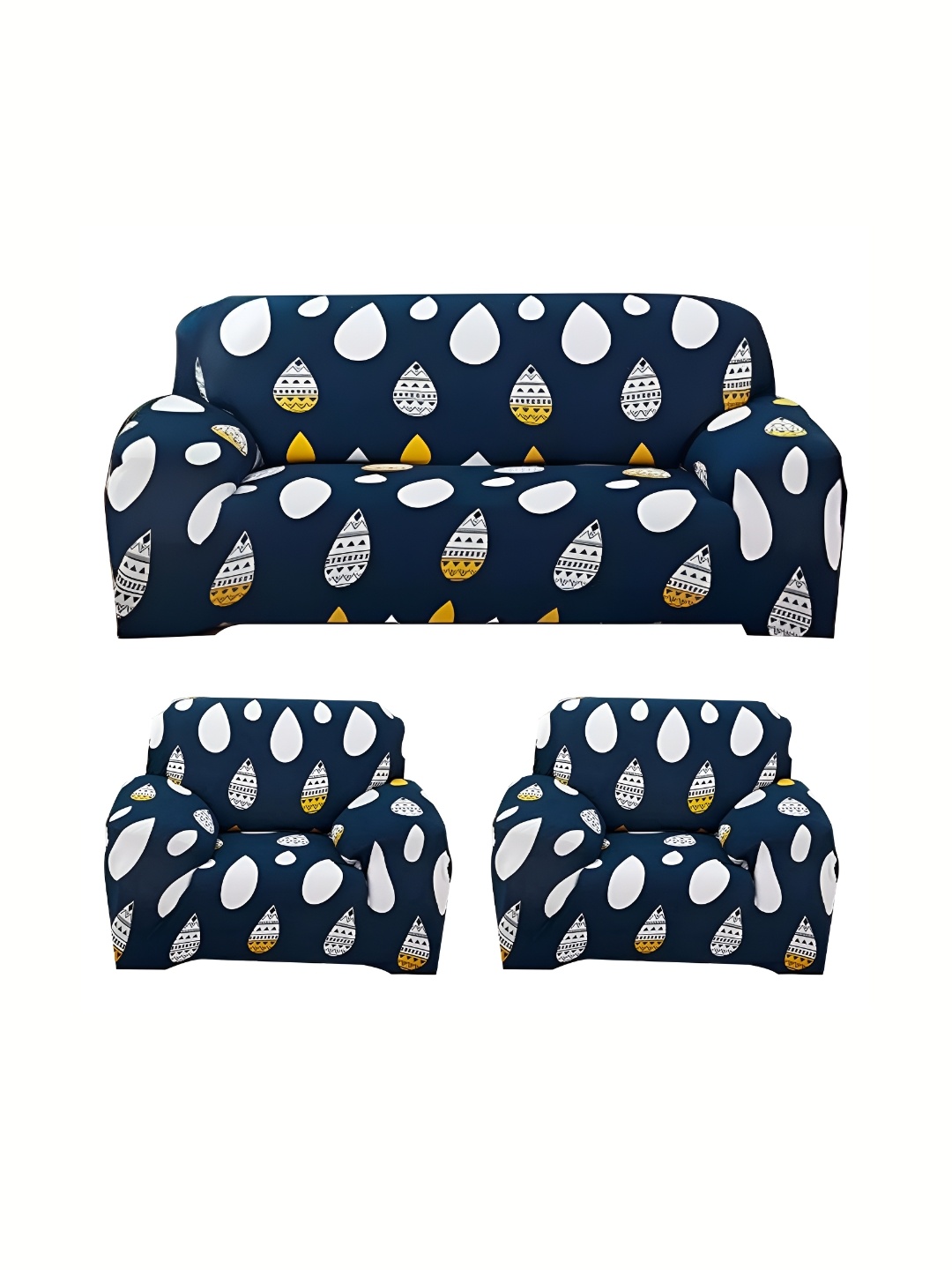 

B BESTILO Blue & White 3 Pieces Printed 5-Seater Sofa Cover With Arms