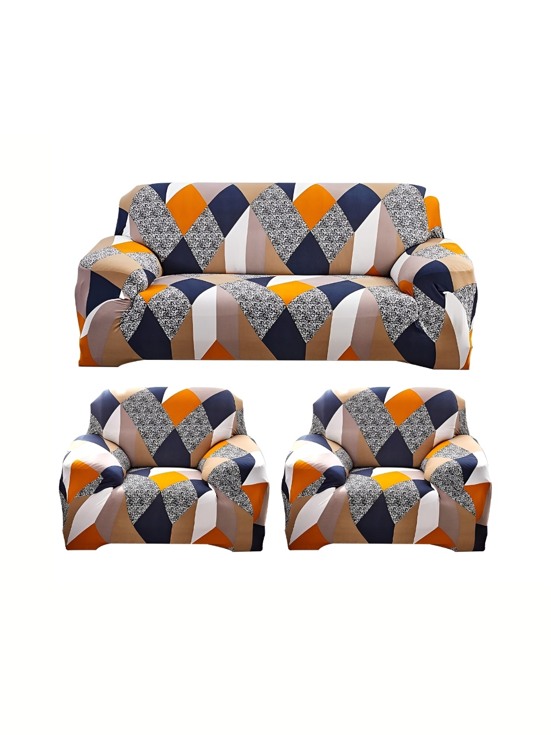 

B BESTILO Orange & Blue 3 Pieces Printed 5-Seater Sofa Cover With Arms