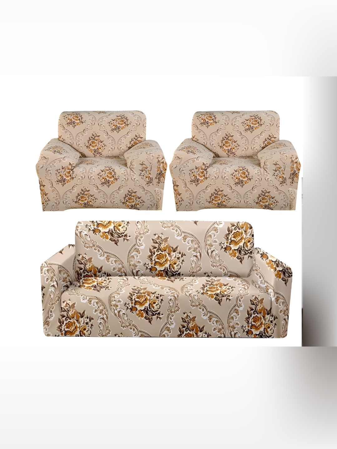 

B BESTILO Beige & Brown 3 Pieces Printed 5-Seater Sofa Cover With Arms