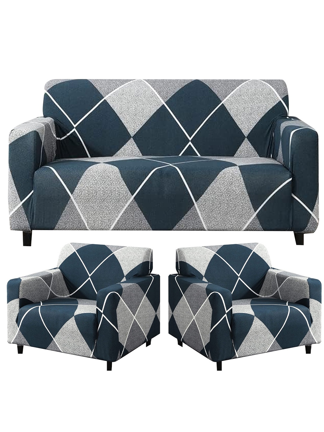 

B BESTILO Blue & Grey 3 Pieces Printed 5-Seater Sofa Cover With Arms