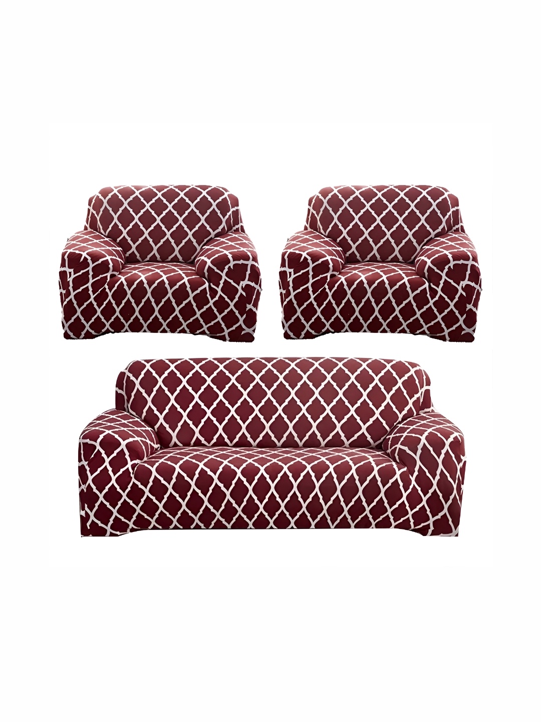 

B BESTILO Burgundy & White 3 Pieces Printed 5-Seater Sofa Cover With Arms
