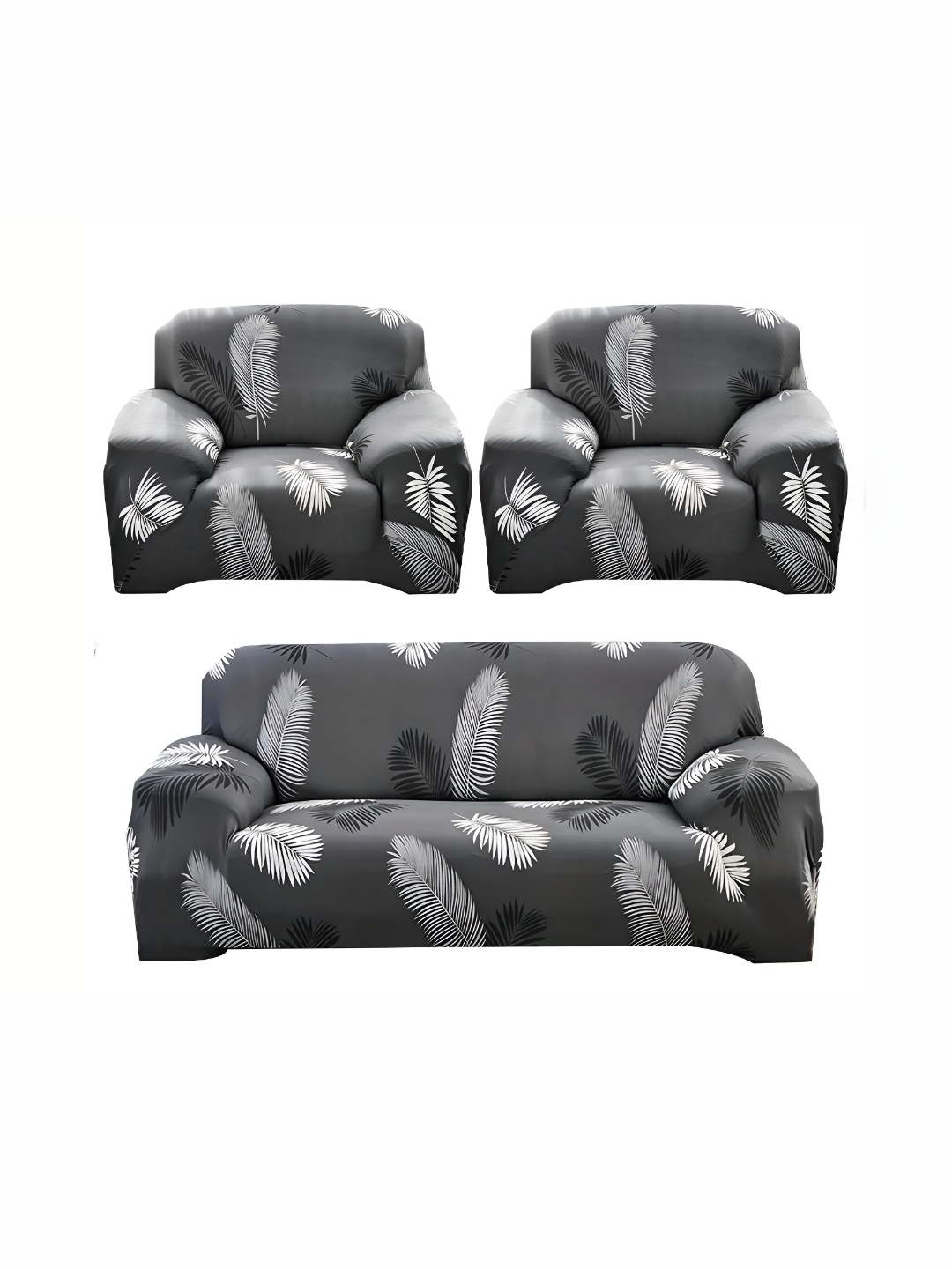 

B BESTILO Grey & White 3 Pieces Printed 5-Seater Sofa Cover With Arms